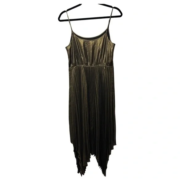 All Saints Lerin Pleated Metallic Maxi Dress, asymmetrical hem, Size Med, Y2K - Picture 3 of 5